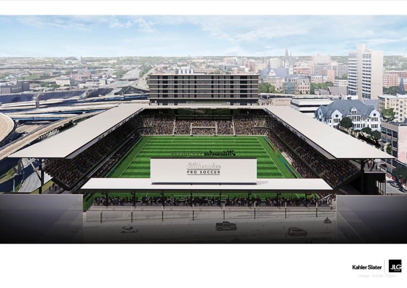 An areal mockup of the Iron District Soccer Stadium proposed for downtown Milwaukee WI