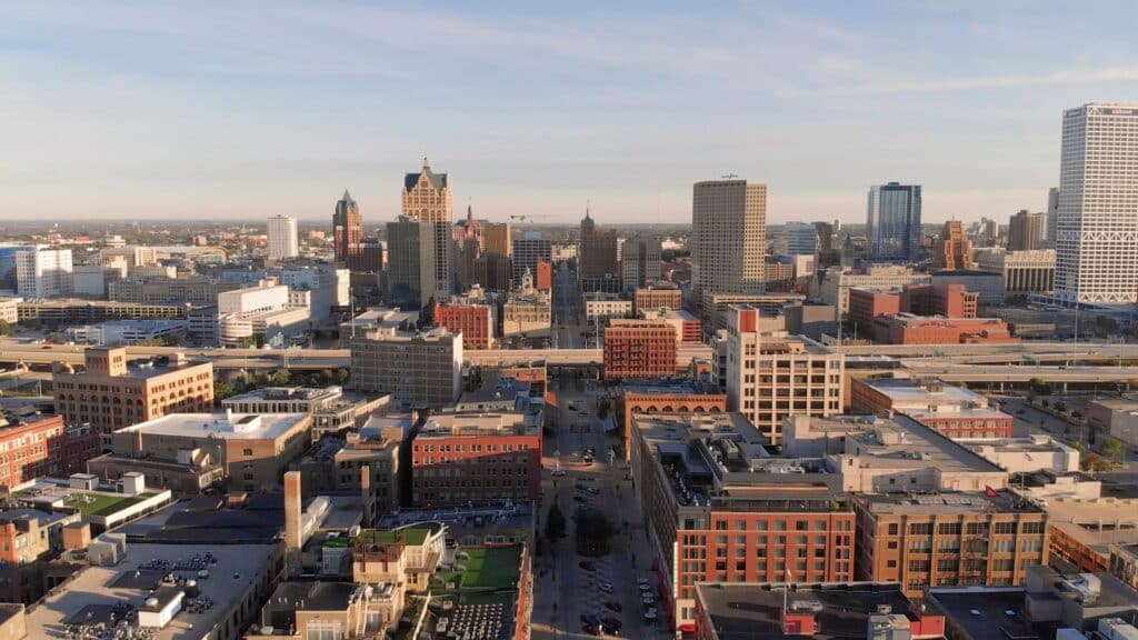 Areal drone shot of Harbor District in Milwaukee, WI