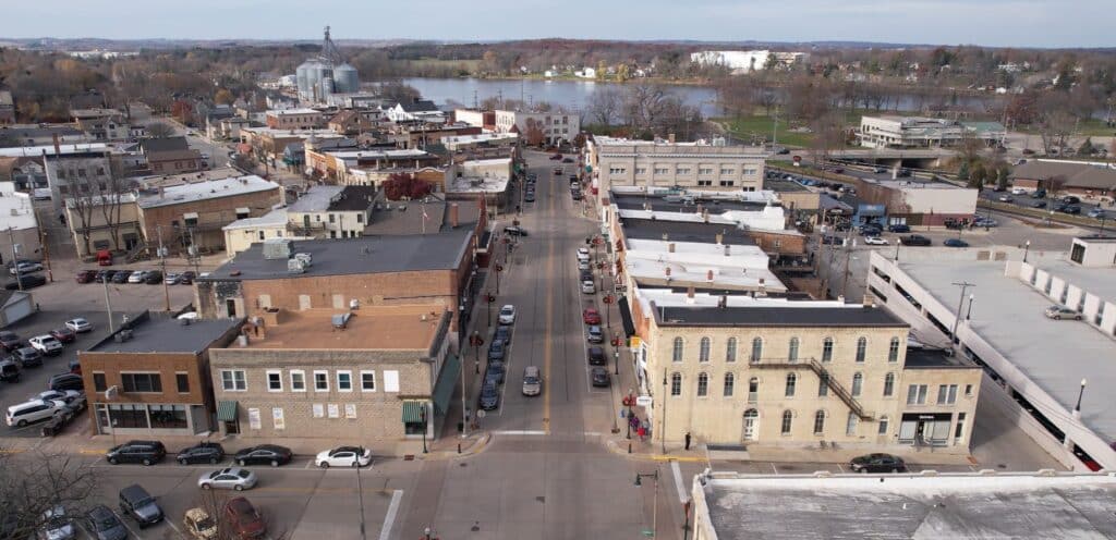An areal shot of downtown Burlington Wisconsin