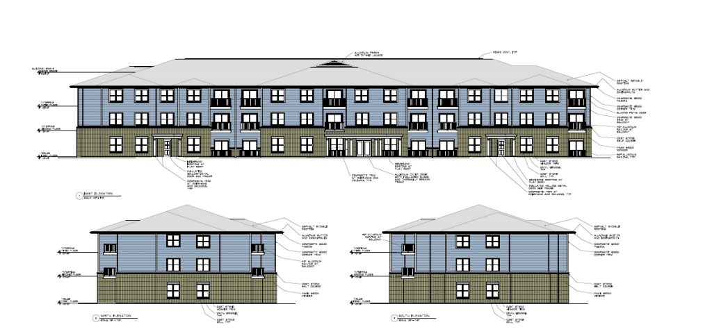 An exterior rendering with a few different views of the Mchenry Senior Commons building, that will offer affordable housing in IL