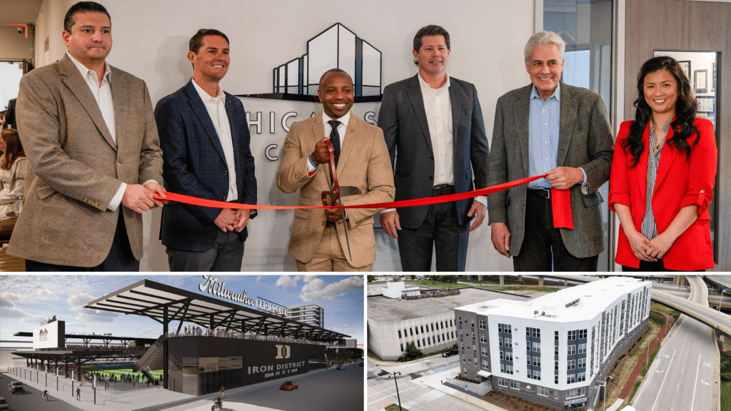 Michigan Street Commons - Grand opening, areal view of the building, and Iron District MKE rendering; grid